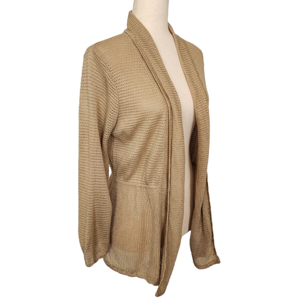 Elementz Open Front Gathered Waist LS Lightweight Cardigan Sweater Tan Med NEW